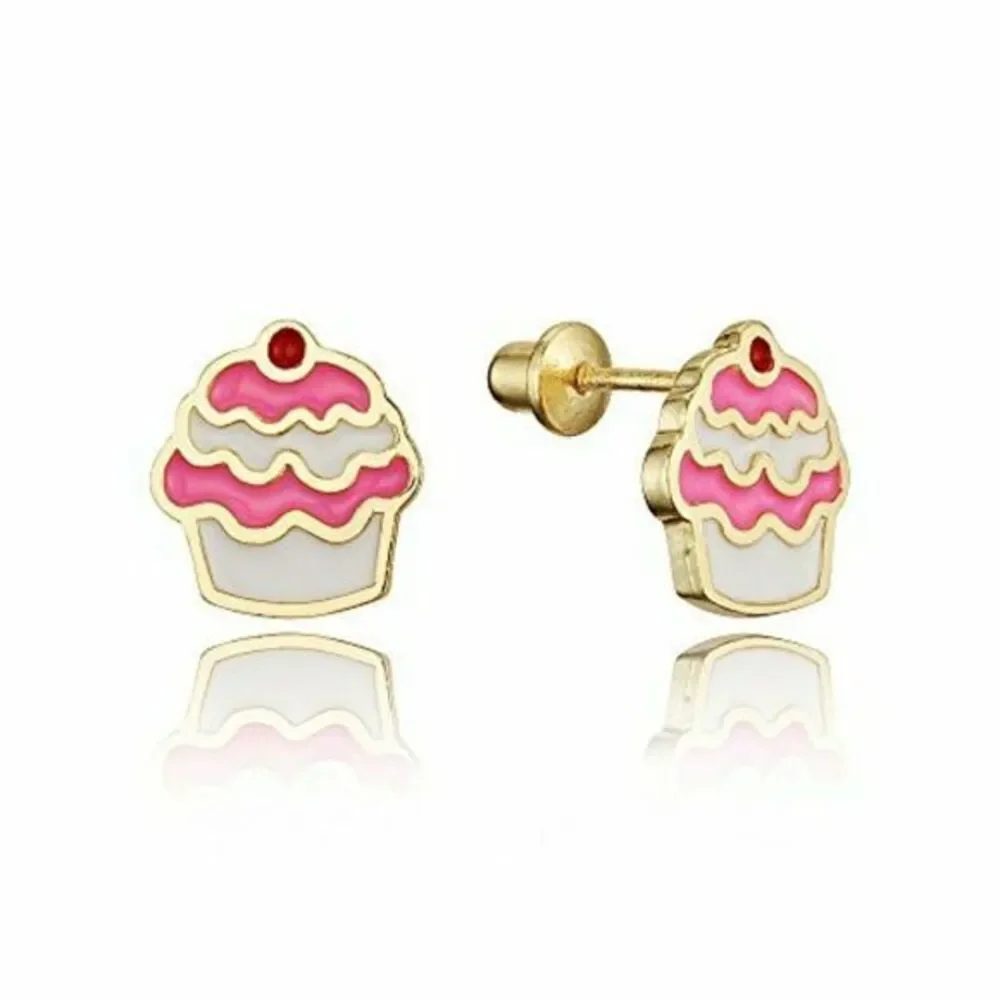 14k gold plated Brass Enamel Pink Cupcake Earring
